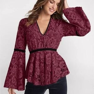 VENUS Burgundy Lace Peplum Top Size 10 Bell Sleeve Velvet Trim Gothic Romantic